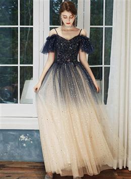 Picture of Navy Blue Straps Gradient Tulle Long A-line Prom Dresses, Blue Evening Party Dresses